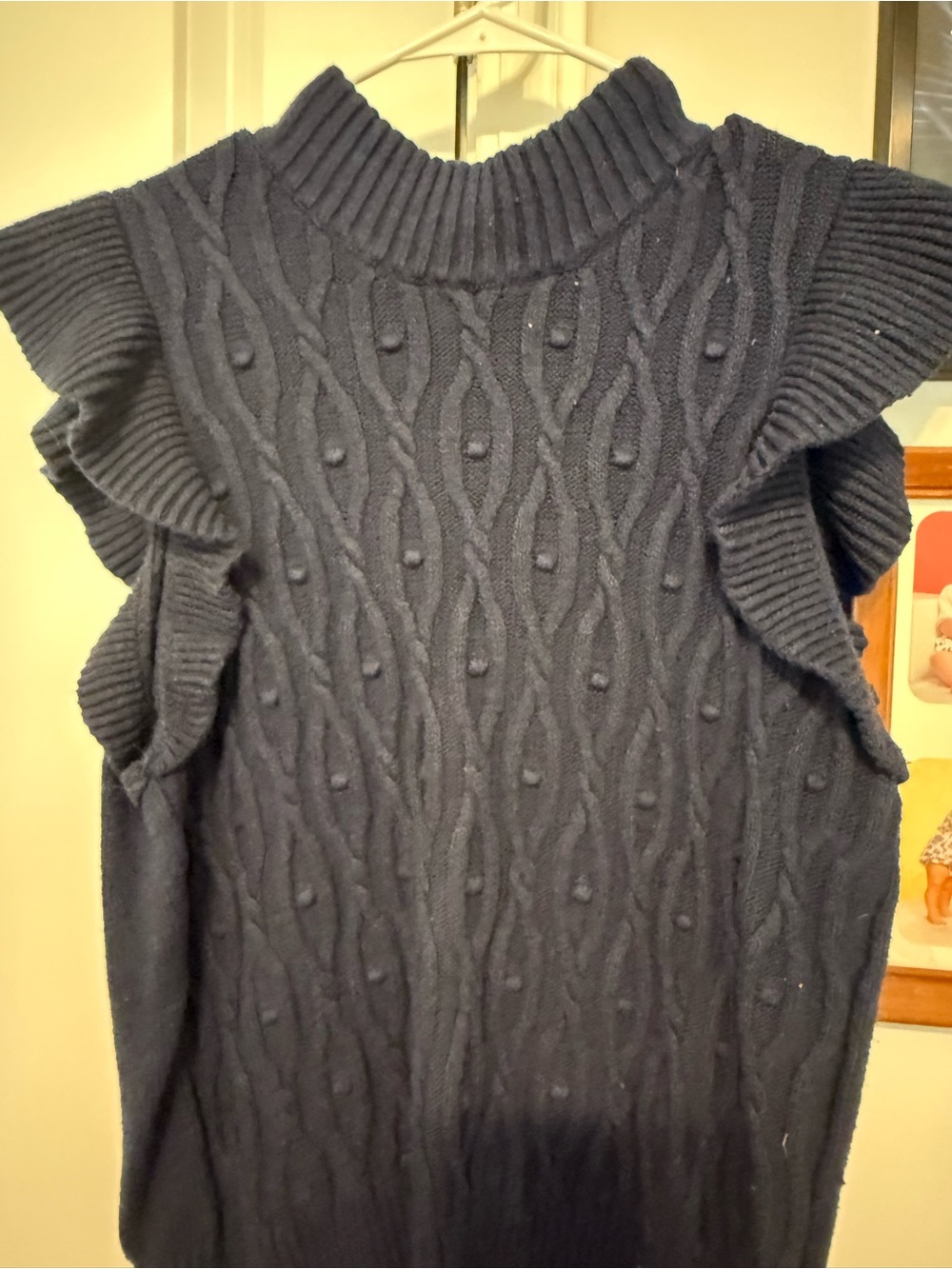 Mock Neck Ruffle Sleeve Cable-Knit Sweater - Navy